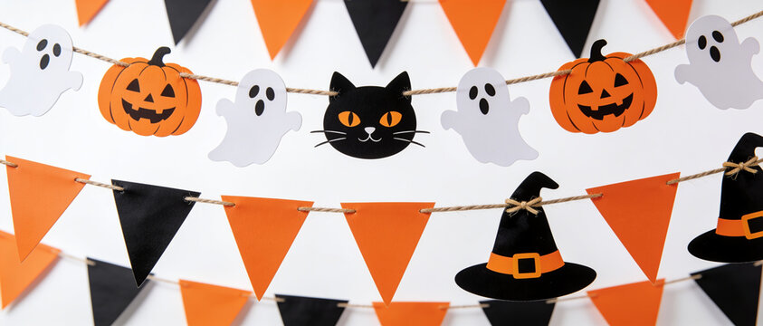Halloween Party Decoration Garland, Spooky Ghost Paper Bunting, Cute Pumpkin String Light, Black Cat Hanging Banner, Witch Hat Festival Ornament, DIY Craft Garland Garland, Spooky Season Flag.
