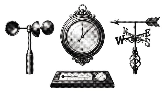Meteorological measurement tools include anemometer and barometer in stippled engraving.