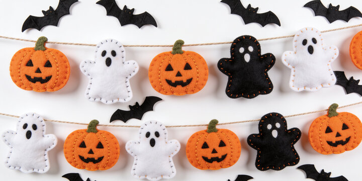 Handmade Felt Halloween Garland Decoration, Cute Pumpkin Ghost Bat Banner, Spooky Autumn Party Burlap Garland, Felted Character Hanging Bunting, Trick Or Treat Craft Garland, Fall Holiday Garland.