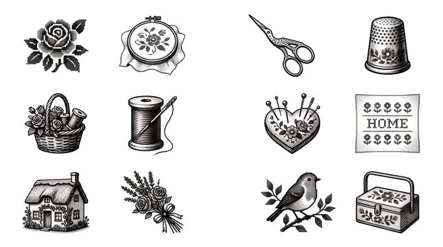 Sewing and embroidery themed icons with vintage style elements for crafting design needs.