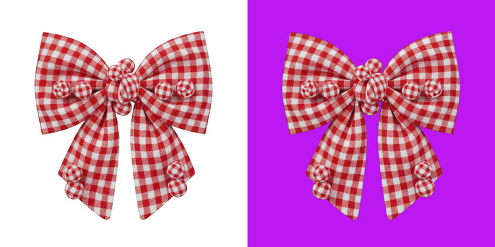 Red and white gingham fabric bow with decorative pom pom balls on fabric