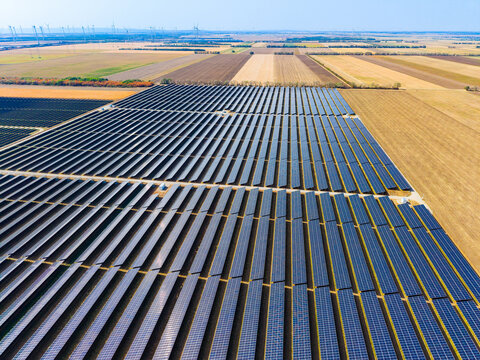 Aerial view of large ground solar panel array. Long rows of dark blue photovoltaic modules stretch across farmland under bright daylight.