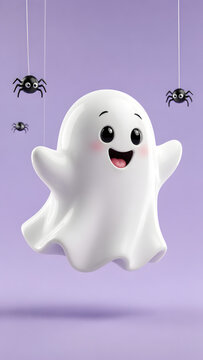Cute happy cartoon ghost floating happily beside tiny spider on soft purple background design