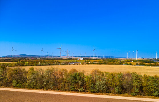 Landscape view of wind turbine farm behind tree line. Autumn trees and golden fields lie in front of distant power generators under clear sky.