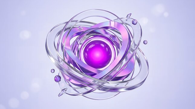 Abstract purple glowing atom concept with glass rings and spheres for science background.