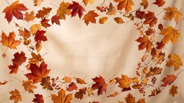 Colorful autumn maple leaves forming a circular border frame with warm orange and red colors for a seasonal fall background design template with empty space in the middle