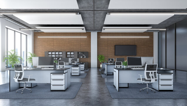 Modern spacious open office interior with workstations, panoramic windows, wooden wall, and concrete ceiling. 3d illustration