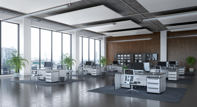 Modern spacious open office interior with workstations, panoramic windows, wooden wall, and concrete ceiling. 3d illustration