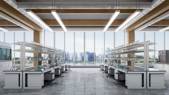 Modern spacious research laboratory interior with workstations, wooden beams, panoramic window city view, and bright ceiling lighting. 3d illustration