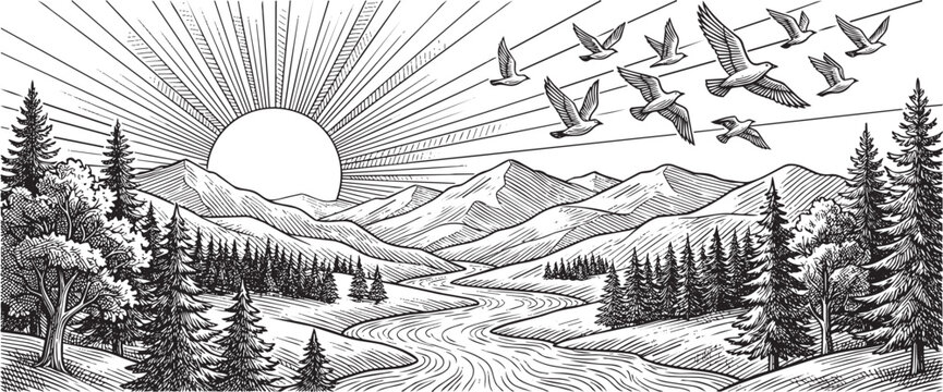 Vintage style engraving of a sunrise over a mountain landscape featuring detailed line art and nature scenery