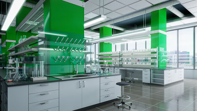 Modern spacious scientific laboratory interior with green pillars, equipment on workstations, symmetrical perspective, and bright ceiling lights. 3d illustration