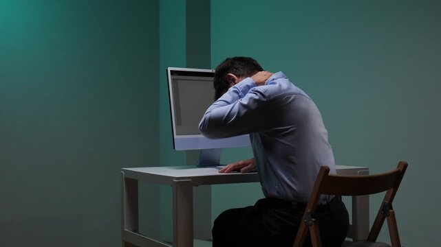 Young man experiencing severe neck pain and discomfort while sitting at a computer desk, highlighting the issues of poor ergonomics and a sedentary lifestyle in the workplace