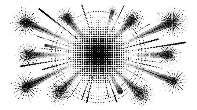 Black halftone dot explosion design element on white background for dynamic graphic effect.