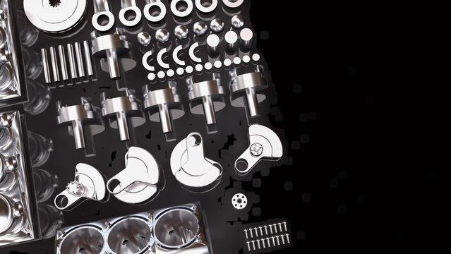 Precision Automotive Engine Components in Chrome 3d render.