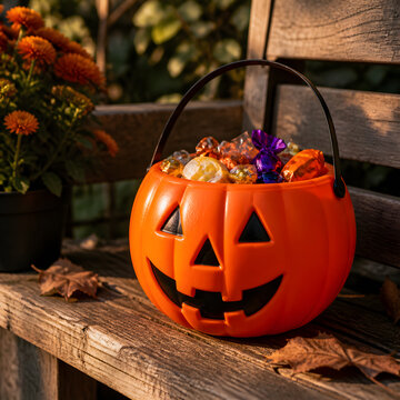 Pumpkin shaped bucket filled with wrapped candy sits on wooden bench beside potted flower