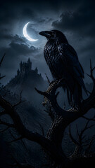 Obraz premium Raven perched on thorny branch beside glowing crescent moon overlooking distant castle upon misty hill night