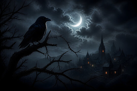 raven perched on bare tree branch beneath full moon near distant castle village halloween scene
