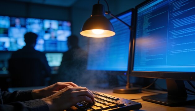 Close View Behind Hands Typing on Keyboard in Moody Control Room with Glowing Blue Screen Light, Blurred Colleagues and Video Wall, Warm Desk Lamp Accent, Photorealistic Technology