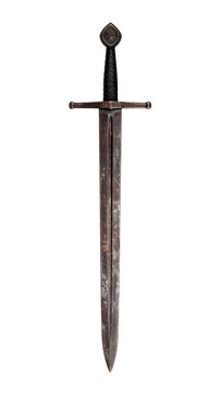 Medieval steel sword with a black leather handle and weathered metal blade isolated vertically on a clean transparent background