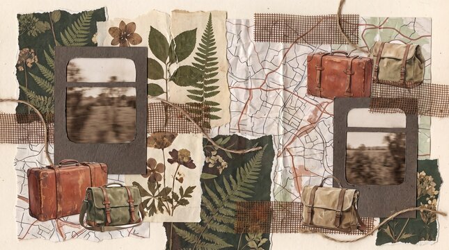 travel aesthetics, a textured collage featuring train windows, maps, and botanical elements