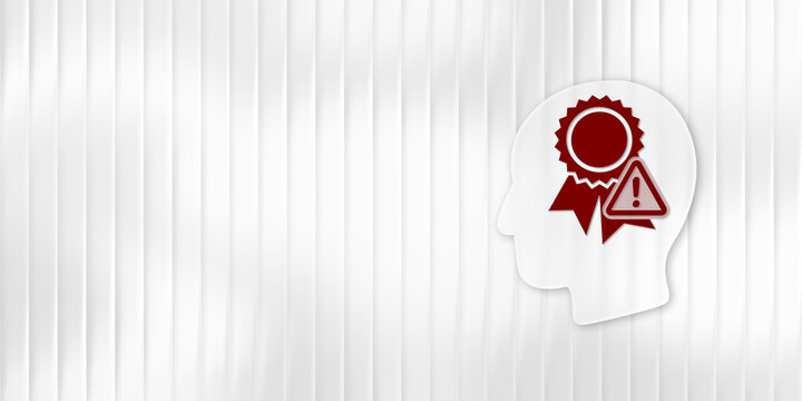 A conceptual image showing a human profile silhouette with a red award ribbon and warning symbol, representing false credentials, overconfidence or fake degrees.