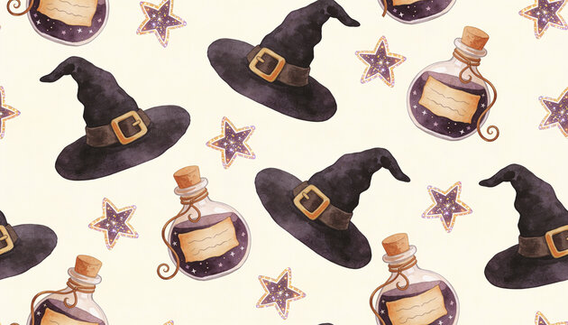 Witch Hat Seamless Pattern, Halloween Magic Potion Bottle Background, Spooky Celestial Star Craft Fabric, Mystic Sorcery Wizard Theme Wallpaper, Gothic Fantasy Alchemy Design Pattern.