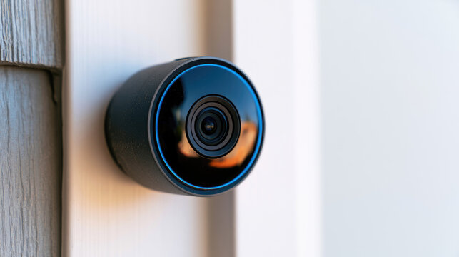 Smart video doorbell camera with blue LED ring on wood wall in daylight