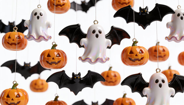 Hanging Halloween Spooky Decorations. Cute Flying Ceramic Ghost. Jack O Lantern Pumpkin. Glossy Black Bat Figurine. Festive Autumn Holiday Garland.