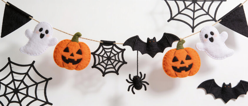 Cute Felt Halloween Garland Banner Decor, Spooky Party Pumpkin Hanging Decoration, Homemade Ghost Spider Web Craft, Autumn Trick Or Treat Festive Pennant, Cozy Handmade Craft Bunting Banner.