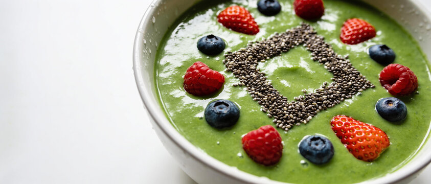 Healthy Green Smoothie Bowl With Chia Seeds, Fresh Strawberry Blueberry Raspberry Toppings, Organic Vegan Breakfast Meal, Detox Smoothie Recipe, Superfood Nutrition Snack, Flat Lay Food Photography.