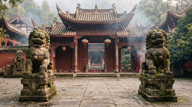 traditional chinese temple courtyard with stone guardian lions and incense smoke