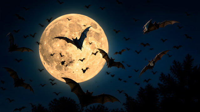 Bats swarm around bright full moon flying above dark forest tree line on spooky halloween night
