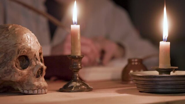 Apothecary Writing an Ancient Potion Recipe by Candlelight