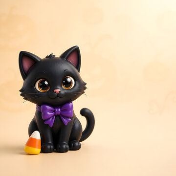 cute black kitten wearing purple bow sitting beside candy corn on cream pumpkin pattern background