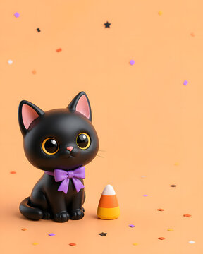 cute black kitten wearing purple bow sitting beside candy corn on bright orange confetti background