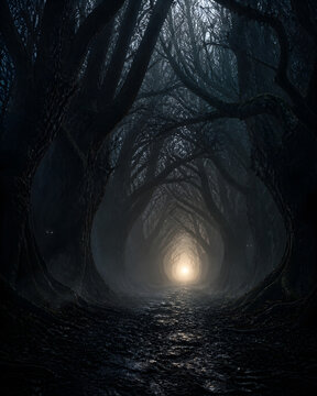 spooky forest path beneath deep towering tree tunnel leading toward glowing light in misty night