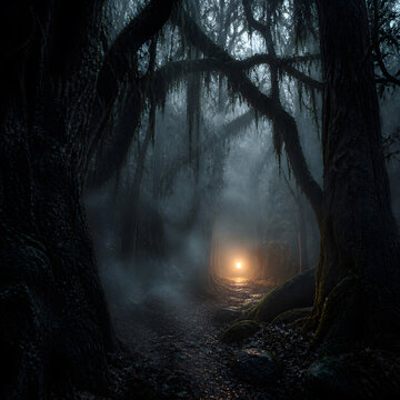 spooky forest path with deep mossy tree canopy leading toward glowing light in misty darkness