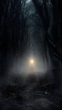 spooky forest path lined with bare tree and glowing eye watching from deep misty darkness