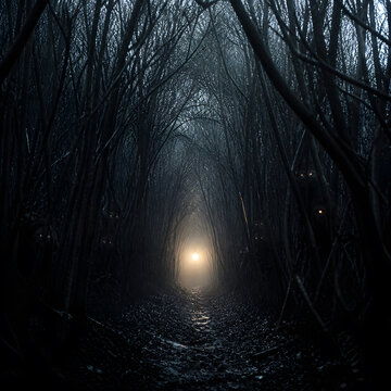 spooky bare tree tunnel with multiple glowing eye watching from dark shadow on both side