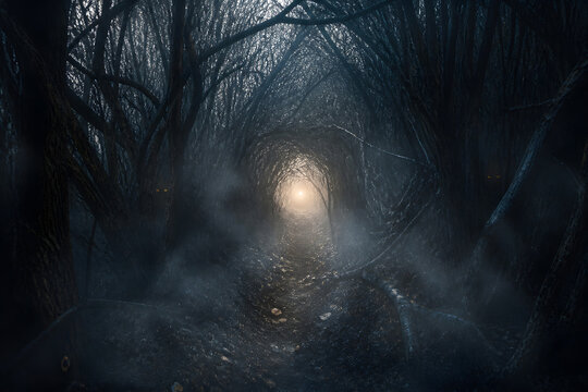 spooky bare tree tunnel with rocky path leading toward warm glowing light in thick mist