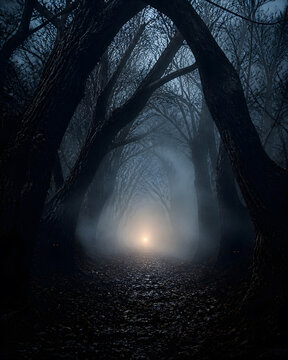 spooky bare tree archway framing misty path toward warm glowing light in deep dark night