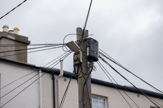 Utility Pole with Electrical Wires and Distribution Box