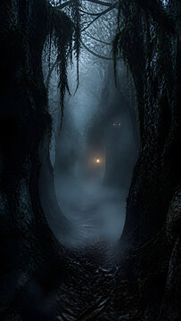 spooky narrow mossy gap between tree with glowing eye and lantern light in thick fog
