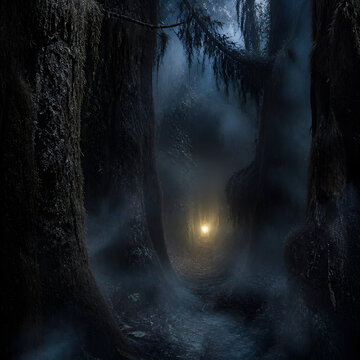 spooky deep mossy forest with hanging branch framing warm glowing light through dense mist night