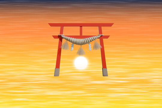 初日の出と注連縄付きの朱色の鳥居 黄金の雲海と朝焼けの空 余白あり 高解像度