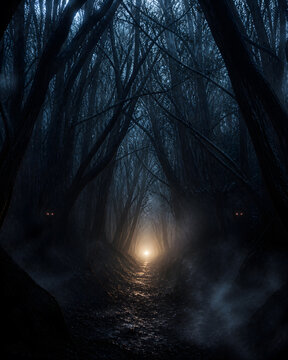 spooky bare dark tree tunnel with glowing eye watching from both side toward warm light