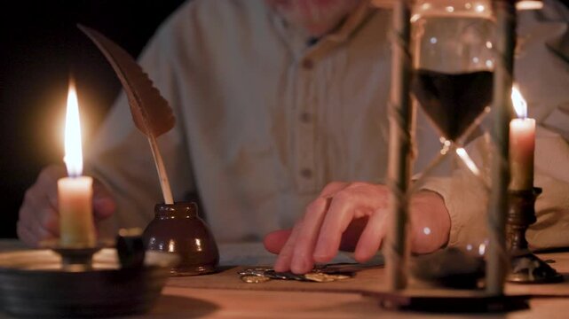 man prodding through a pile of coins then writing on paper with a quill pen