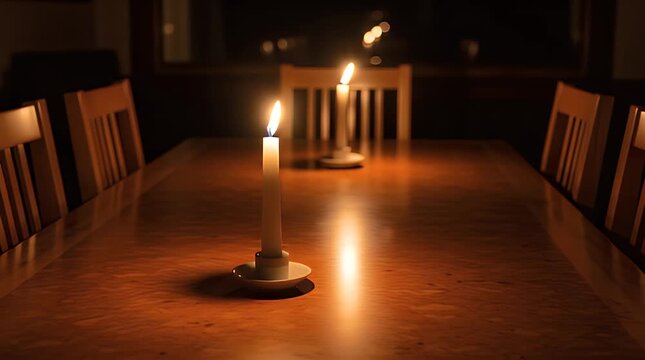 Two softly glowing white taper candles illuminate a long polished wooden dining table set within a dark room creating a warm and intimate atmosphere for a special gathering