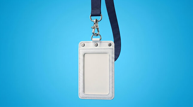 Blank white leather ID card holder with clear window and white woven lanyard with metal lobster clasp clip hanging isolated on solid bright sky blue background, empty badge template