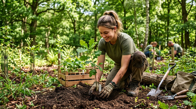 Closeup of people kneeling and planting small pine tree seedling in rich soil in forest, wearing black hoodie and cap and work gloves, group of volunteers planting trees